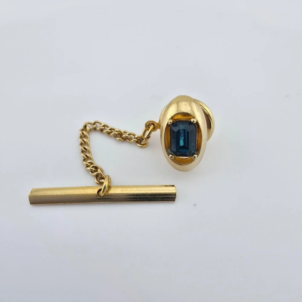Vtg SWANK Tie Tack Pin Deep Blue Crystal Emerald Cut Barbell Men's Gold Tone